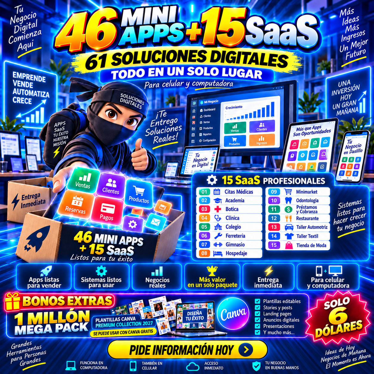 Pack completo: 46 mini apps, 15 SaaS y bono de Canva — 61 soluciones digitales en un solo lugar